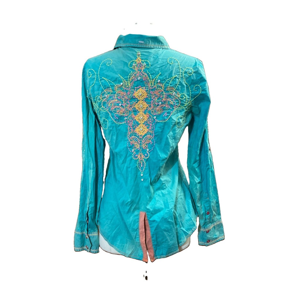 Roar Embroidered Western Shirt Women's M Turquoise Rhinestone Destined To Roar